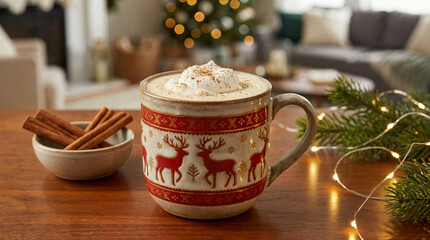 Eggnog in festive mug with cinnamon sticks on wooden table  