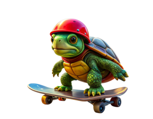A determined turtle rides a skateboard with perseverance and willpower, pushing forwa