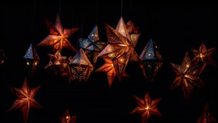 Chinese lunar new year holiday celebration. Spring festival tradition. Chunjie. Asia. A collection of intricately designed paper lanterns suspended in the air.