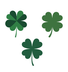Three stylized green four-leaf clovers, symbols of luck and St. Patrick's Day, arranged on a clean white background.