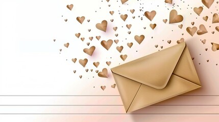 Love letter envelope decorated with paper craft hearts on a pink background for valentine s day