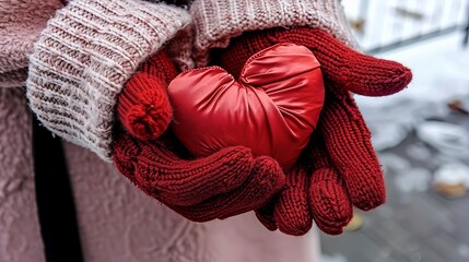 Valentine s day card featuring women s hands in red gloves holding a silk heart against winter scene