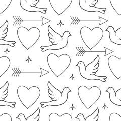 Seamless minimalist black and white Valentine's Day pattern with outline hearts, arrows, and doves.