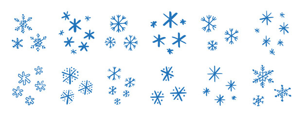 chalk pencil drawing blue snowflakes set. Snowflake doodle hand drawn cute style elements. Winter or Christmas concept.