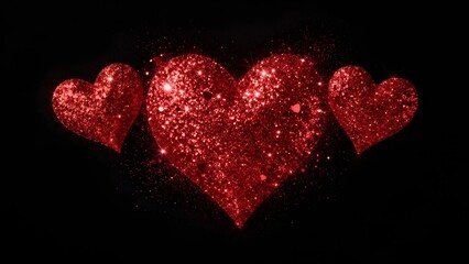 Festive arrangement of three glowing red glitter hearts set against a dramatic black background.