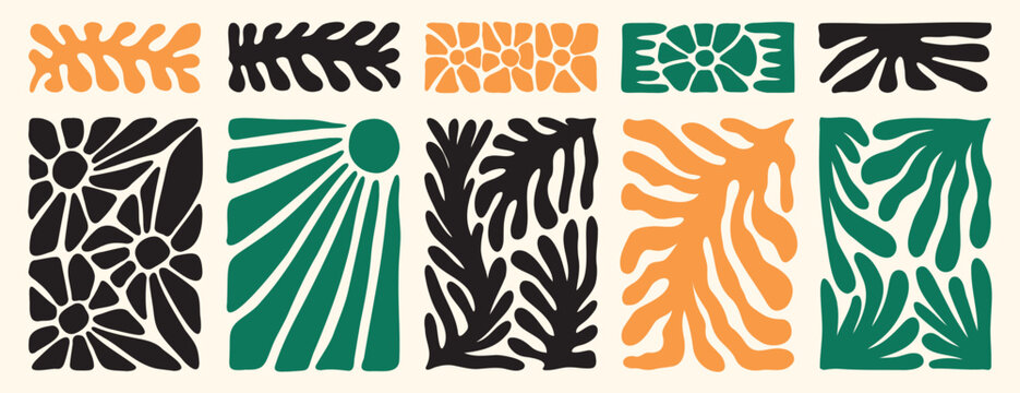 Matisse organic doodle plant shapes. Abstract flower and leaves shapes set. Trendy minimal style. Contemporary poster or background. Botanic vector illustration