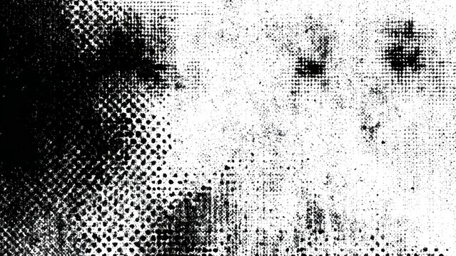 A heavily distorted and grainy black and white image depicts a face with obscured features and unsettling visual texture
