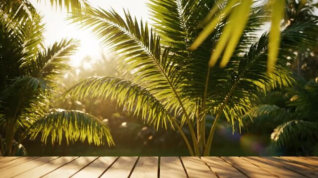 Sun-Drenched Palm Fronds Swaying Over a Rustic Wooden Deck at Golden Hour