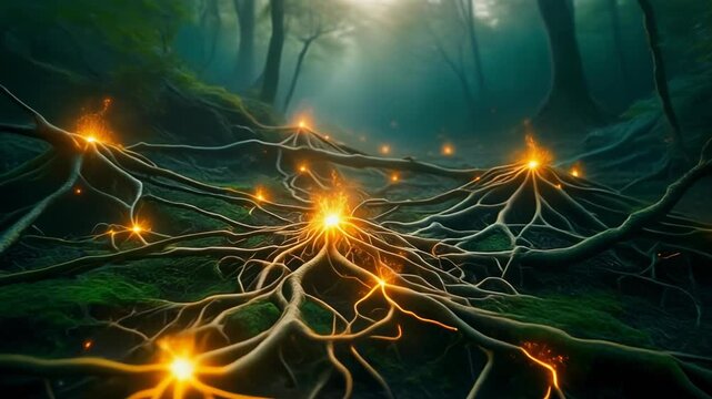 Glowing forest roots with luminous orange sparks weaving through ancient mossy branches
