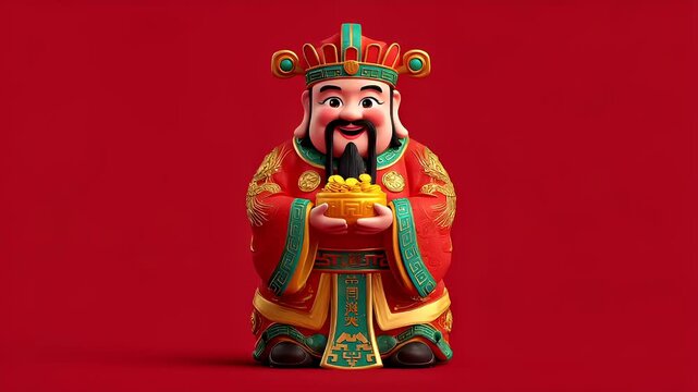 Chinese lunar new year holiday celebration. Spring festival tradition. Chunjie. Asia. 3D rendered traditional Chinese deity figurine with gold ingot and red robe.