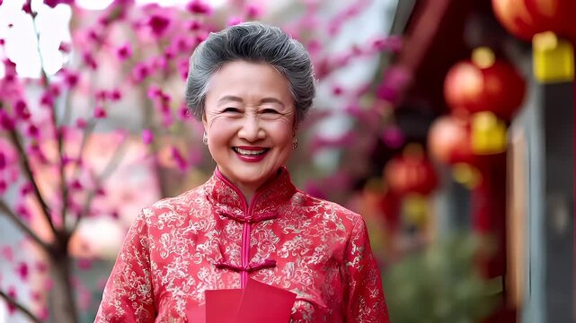 Chinese lunar new year holiday celebration. Spring festival tradition. Chunjie. Asia. A portrait of a woman in a red cheongsam holding a red envelope.