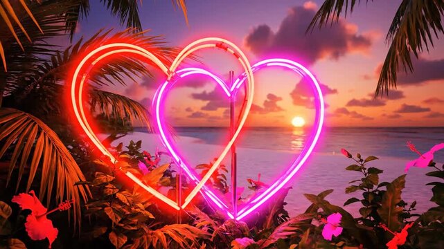 Tropical beach sunset with two neon heart decorations in foreground