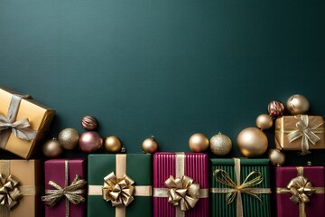 Elegant holiday gift arrangement with gold and red wrapping on dark green background