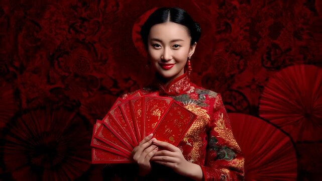 Chinese lunar new year holiday celebration. Spring festival tradition. Chunjie. Asia. A woman in a traditional red and gold cheongsam holds red envelopes with Chinese characters.