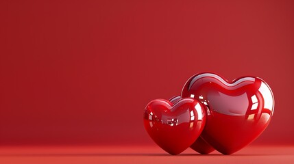 Two red hearts with happy valentine s day message on vibrant red background and space for text