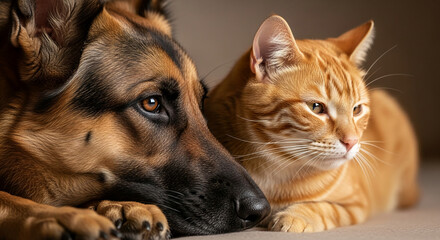 Close-up of German Shepherd dog and ginger cat resting together, showcasing their fur textures and peaceful coexistence, symbolizing friendship and animal companionship