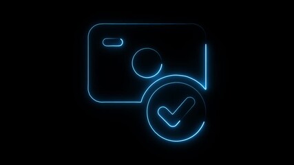 Glowing Blue Camera with Checkmark Approval Symbol on Black Background for Editing, Verification, and Validation