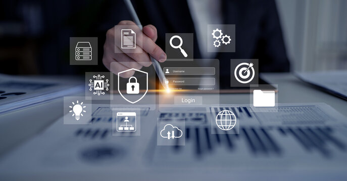 A professional man interacts with a digital interface featuring login security and data analysis icons in a modern office while reviewing statistical documents. Gantry - Powered by Adobe