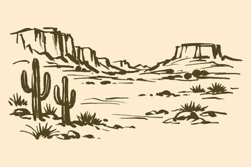Desert landscape with cactus ink sketch vector illustration © Victoria