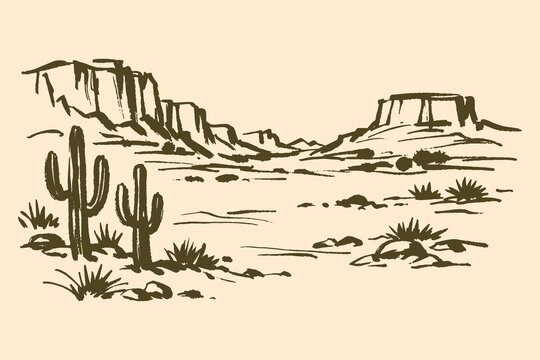 Desert landscape with cactus ink sketch vector illustration