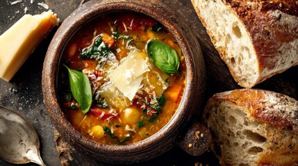 Hearty homemade soup, served in a rustic wooden bowl, garnished with fresh basil, Parmesan cheese and served with bread