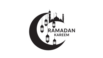 Ramadan kareem greeting with crescent moon and mosque silhouette