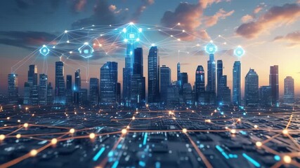 Modern cityscape with digital network overlay at sunset technology and urban life - Powered by Adobe