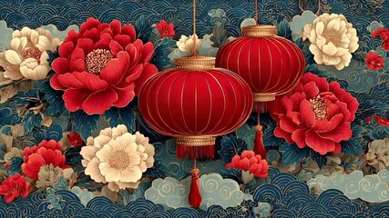 Chinese lunar new year holiday celebration. Spring festival tradition. Chunjie. Asia. A detailed and vibrant illustration of traditional Chinese floral motifs, including red lanterns and flowers.