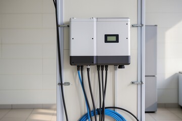 A device sits on a workbench with multiple cables connected. It shows a display screen and buttons for adjusting settings during a busy task in a workshop.