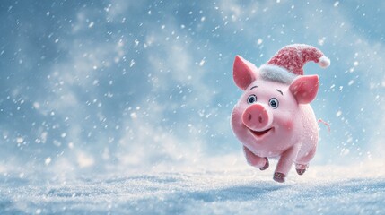 A joyful cartoon piglet, wearing a Santa hat, runs playfully through a snowy winter scene with a blurred background