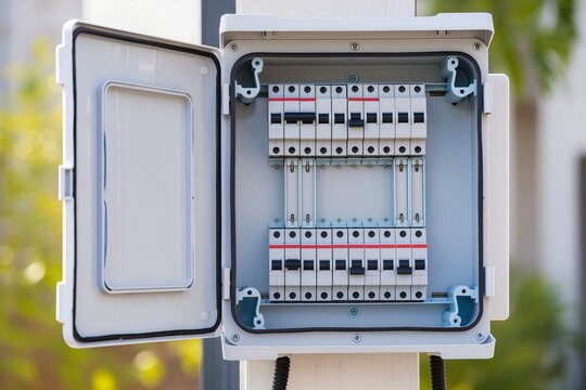A distribution board is mounted on a wall. It contains several circuit breakers neatly arranged. Wires are connected to the breakers. The background shows part of a room with wooden furniture.