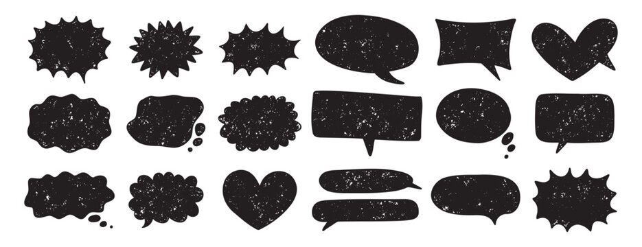 speech bubbles in various shapes set. Crayon grunge texture communication frames. Textbox cloud, chat text boxes 
