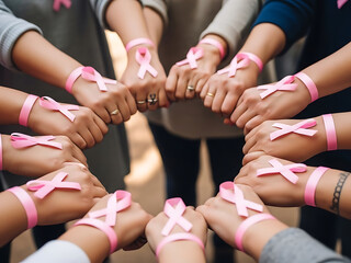 Group of people wearing pink ribbons in support of breast cancer awareness