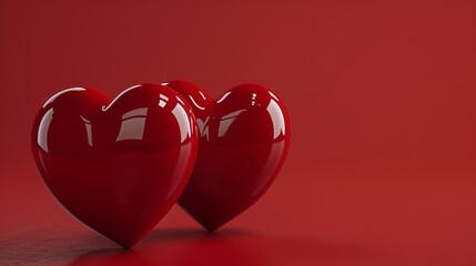 Two red hearts with  happy valentine s day  text on red background with ample copy space