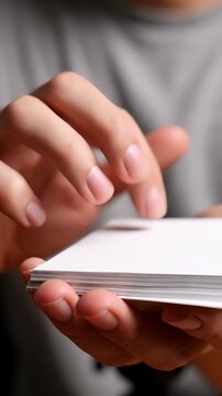 Vertical hands sorting blank cards. Close-up view captures delicate movements and focus on task. Calm atmosphere enhances concentration and creativity.