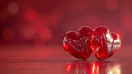 Two red hearts with  happy valentine s day  text on a red background featuring ample copy space