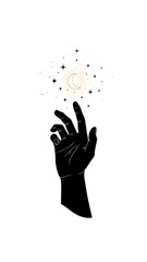 Mystical Hand Reaching for Crescent Moon Minimalist Illustration with Copy Space, Generative AI