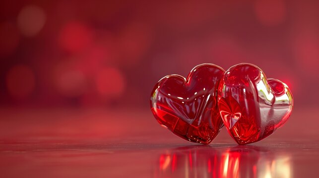 Two red hearts with  happy valentine s day  text on a red background featuring ample copy space