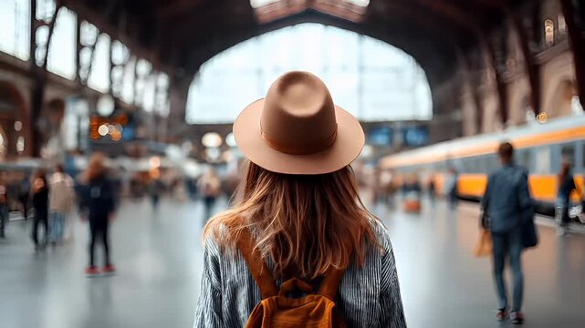 A woman with a brown hat and striped shirt stands in a train station, her back to the camera, looking out over the platform. The stations architecture is grand.