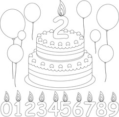 Kids birthday party cake for baby boys and girls. A happy birthday cake for children, balloons and number candles. Vector black and white coloring page.
