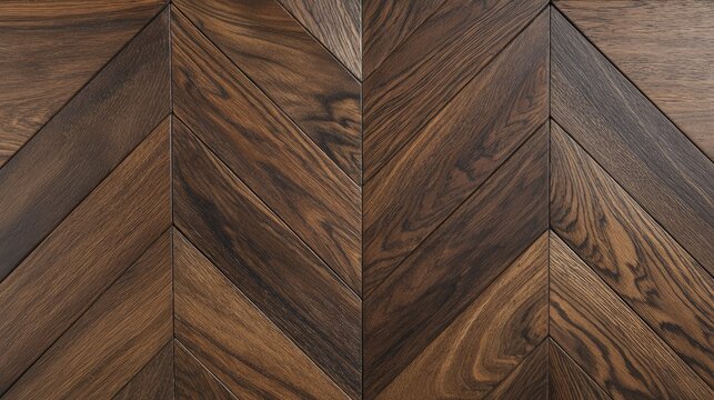 Rich dark wood planks form a classic chevron pattern for flooring.