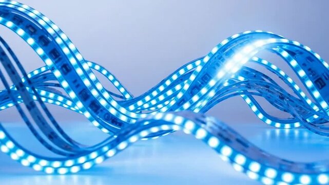 A close-up shot of a flexible LED strip light emitting a bright blue glow.