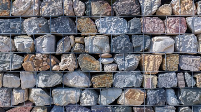 A close-up view of a stone wall made of various sizes and colors of rocks. The stones are arranged neatly in rows, showcasing their natural textures and patterns.
