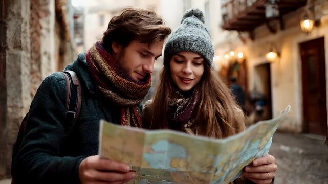 A man and a woman are engrossed in a city street, with the man looking intently at a map. The woman, wearing a knitted hat and scarf, seems to be in a contemplative mood.