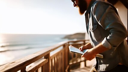 A man with a beard and a straw hat is engrossed in reading a map on a wooden deck overlooking the ocean. The sun casts a warm, golden hue over the scene.