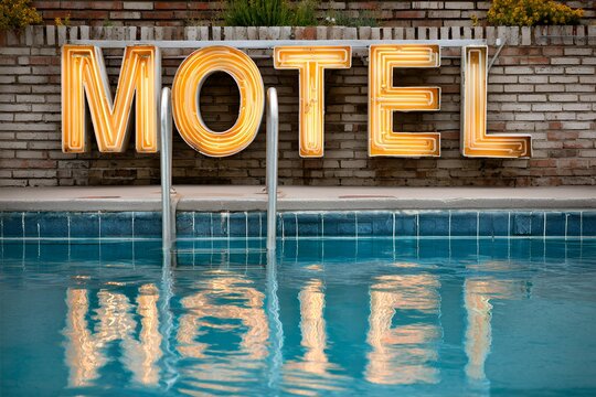 Retro neon motel sign reflecting in pool water at dusk