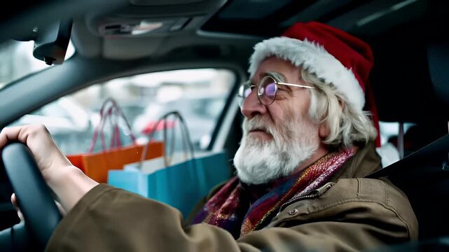 A candid shot of an elderly man wearing a Santa hat and glasses, seated inside a car. He is wearing a festive red and green scarf, and his white beard is neatly trimmed.