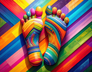 Vibrant Abstract Illustration of Rainbow Patterned Footprints on a Multi-Colored Geometric Background, Symbolizing Diversity, Creative Expression, and a Joyful Journey