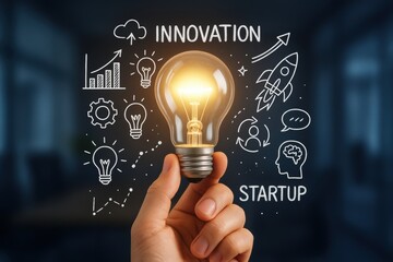 Illumination and Ideas: An innovative concept is brought to life, with a hand holding a glowing light bulb surrounded by the sketches of startup concepts and brainstorming ideas.