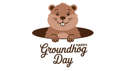 Happy groundhog day cute cartoon illustration with smiling groundhog peeking from burrow, playful character design for february 2 holiday greetings, posters and prints